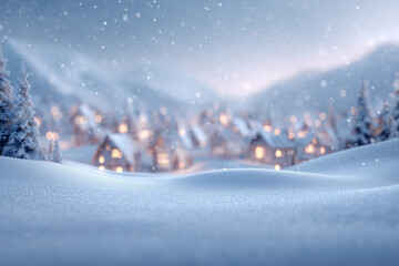 Snow village houses lights winter snowfall pine cozy scene with soft bokeh background and glowing windows snowdrifts in foreground evening atmosphere for holidays calm landscape