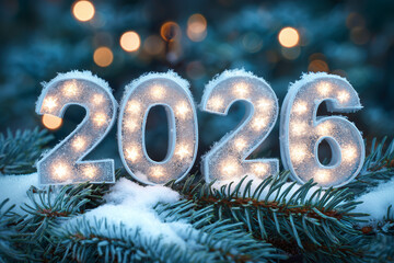 2026 new year numbers glowing with snow and lights on frosted pine branches, festive winter decoration for holiday greeting with bokeh background soft lights