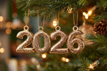 2026 christmas ornament hanging on green tree branches gold decoration with glitter and lights festive holiday background bokeh for seasonal celebration and countdown