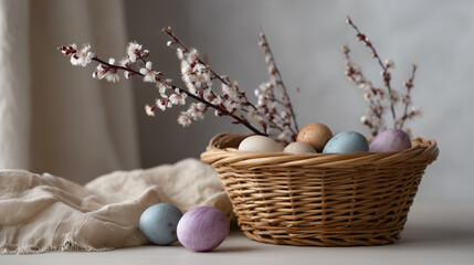 Pastel Easter Still Life with Painted Eggs and Spring Branches