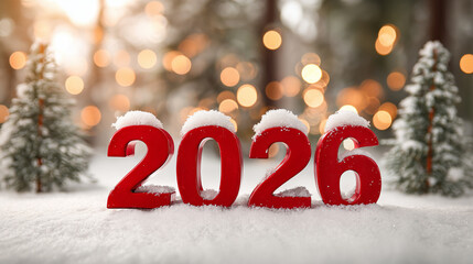 2026 numbers in red on snowy surface with miniature Christmas trees and warm bokeh lights, holiday decoration and newyear festive scene with seasonal atmosphere
