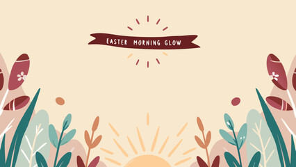 Whimsical easter morning scene with a rising sun delicate floral elements and a festive banner proclaiming easter morning glow perfect for spring celebrations and holiday greetings