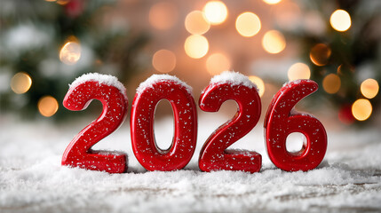 new year numbers snow festive celebration bokeh decoration winter holiday red 2026 figures in snow with glitter, warm lights and blurred tree creating cozy seasonal atmosphere