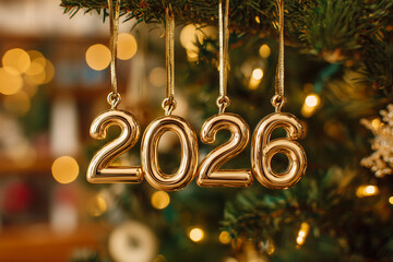 2026 Christmas ornament tree gold holiday hanging on evergreen branch with bokeh lights, festive New Year celebration glittering numbers on decorated fir for seasonal party mood