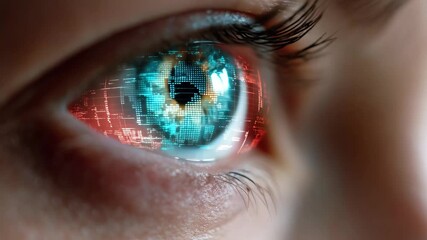 Close-up view of a human eye reflecting digital technology and data patterns in a futuristic setting - Powered by Adobe