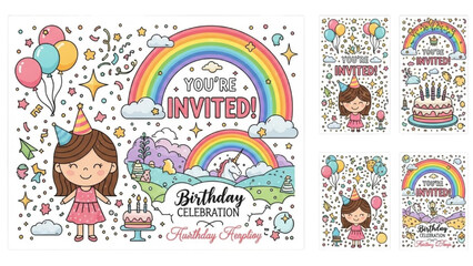 Whimsical Birthday Party Invitation Designs with Rainbows, Unicorns, and Festive Elements