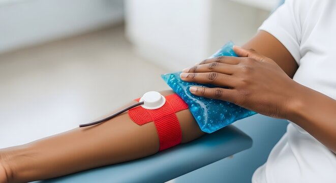 Close-up of an African American blood donor's arm with a cold pack and tourniquet, illustrating post-donation care and National Blood Donor Month concept