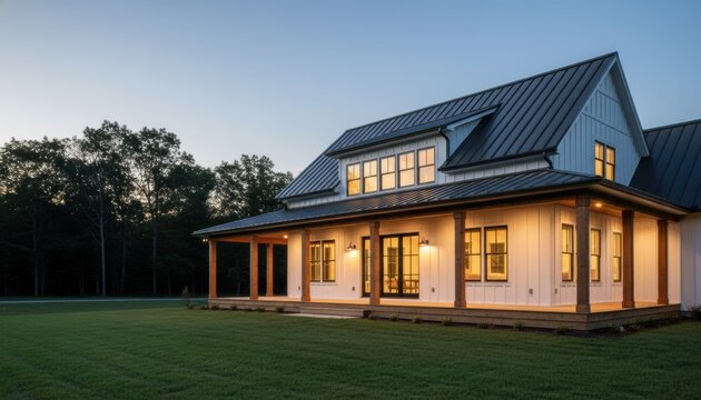 Luxurious modern farmhouse with white siding and a black metal roof features a glowing wraparound porch with wooden posts set against a peaceful twilight sky