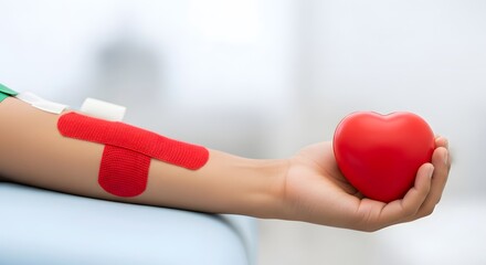 Human arm with red bandage and a person holding a red heart after blood donation for National Blood Donor Month concept and healthcare support