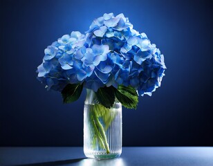 vibrant blue hydrangeas in a glass vase bathed in cool light