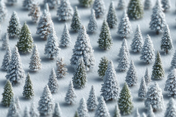 Snow trees winter forest fir pine conifer scene with snow covered miniature firs in soft light aerial view of frosted woodland texture and cold atmosphere for holiday nature