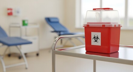 Red sharps biohazard container on a medical trolley in a clean clinic room for National Blood Donor Month and medical waste safety concept