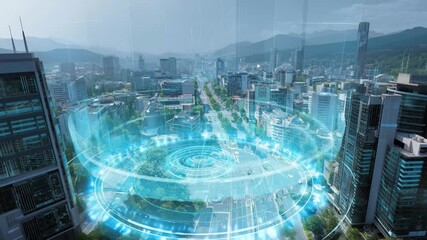 Modern city skyline showcasing futuristic technology and green spaces, with a bird’s-eye view of a bustling urban landscape featuring digital elements - Powered by Adobe