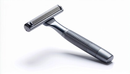 Modern metallic safety razor upright on reflective surface with white background and ergonomic design