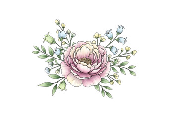 Watercolor Pink Peony Bluebell Floral Arrangement Flower Bouquet SVG on Transparent Background