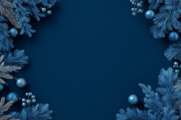 holiday Christmas blue frame decorations pine branches with baubles leaves and cones on textured background for festive greeting card border elegant winter celebration scene