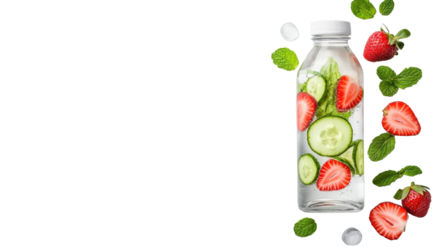Bottle with Strawberries and Cucumbers on Transparent Background