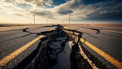 Massive earthquake fissure splits a desert highway under a dramatic, cloudy sky with visible stars, symbolizing disaster and destruction