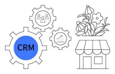 Obraz premium Blue CRM gear surrounded by analytics and customer management icons near a flower shop. Ideal for customer management, small business, sales analytics, growth strategy, marketing, process