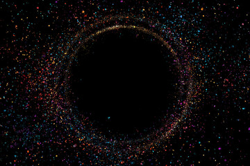 Particle ring glitter circle of colorful dust galaxy sparks forming a dark vortex and abstract explosion background for cosmic design celebration science visual festive texture