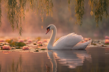 Swan water lotus morning reflection nature lake sunrise serene white bird gliding on calm surface among waterlilies soft golden light and willow branches in tranquil misty scene