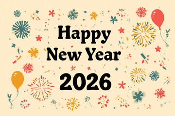 new year 2026 greeting card with colorful fireworks confetti and balloons, vintage typography and hand drawn floral bursts for festive celebration and holiday invite