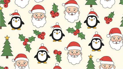 Christmas Pattern with Santa Claus, Penguins, and Holly for Festive Cheer