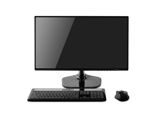 An isolated, modern, black desktop computer monitor, keyboard, and mouse are positioned centrally on a pure white background, ready for use.