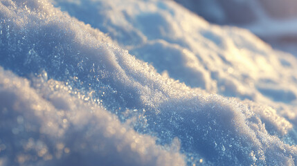 Snow closeup ice frost crystals winter texture sparkle, macro view of fresh snow with glistening ice crystals in soft blue light, cold morning surface with detailed snowy pattern