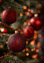 Christmas bauble ornament on fir tree red glitter hanging with garland beads and warm bokeh lights background, festive holiday decoration for seasonal celebration and cozy winter decor