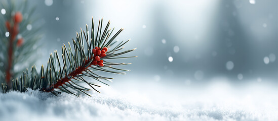 Pine branch with red berries and snowflakes banner.