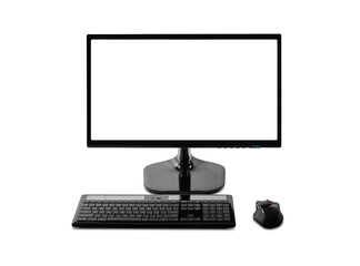 A computer monitor with a blank white screen is shown with a black wireless keyboard and an ergonomic mouse on a white background, isolated.