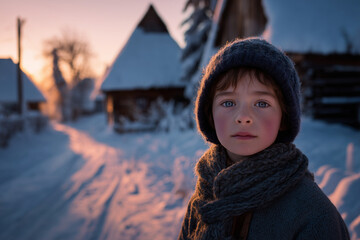 Child in winter snow village at sunset wearing knit hat and thick scarf with blue eyes and rosy cheeks standing on snowy path near wooden cottage in warm low light