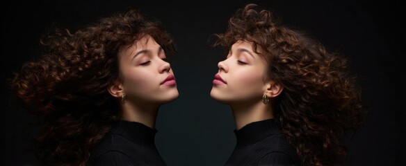 Young woman with curly hair flipping it with bold confident flair and lively energy