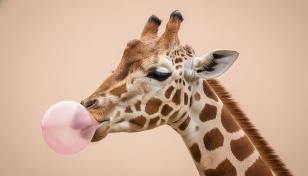 Funny giraffe head in profile blowing a large pink bubble from chewing gum in a whimsical and surreal animal portrait with a playful concept on a plain pastel background - Powered by Adobe