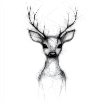 Minimalist modern and stylized black and white abstract depicting a single line drawing of a deer head with antlers  This simple graphic and elegant design can be used as a logo icon