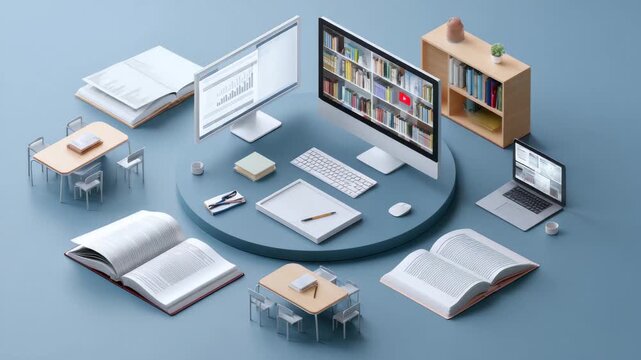 Workspace setup with modern computers, books, and study materials for online learning and research in a professional environment