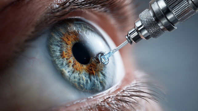 detailed macro image of cataract removal with phacoemulsification device inside the eye, fluid jet and cloudy lens material being aspirated, sterile technique, high-detail textures
