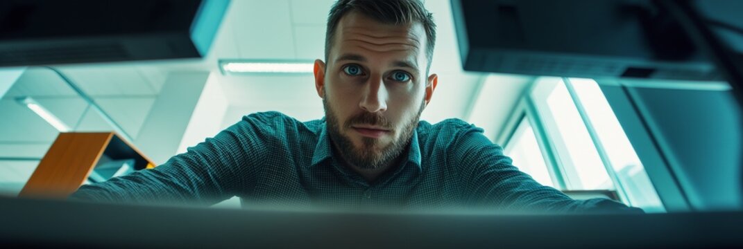 A man with a beard looking down at a keyboard in an office setting.