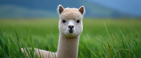 Naklejka premium Alpaca nibbles like a fluffy cloud in a rolling green pasture field.