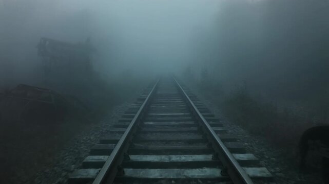 Foggy Train Tracks Leading into a Misty Forest with Abandoned Structures Keywords: train tracks, railway, fog, mist, foggy