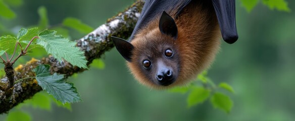 Obraz premium Bat clings upside-down to a tree branch within its natural environment.
