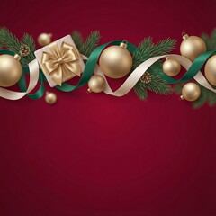 Christmas or New Year garland with gift box and fir branch decorations on red backdrop. empty copy space for text.holiday and celebration concept for postcard or invitation. top view