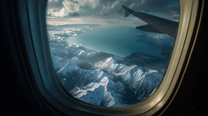 Breathtaking aerial view of snow-capped mountains and serene coastline from airplane window, perfect for travel inspiration and adventure themes