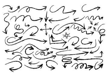 A dynamic collection of hand-drawn doodle arrows featuring sketchy, curved, swirly, and expressive directional lines ideal for highlighting, annotations, and creative design accents.