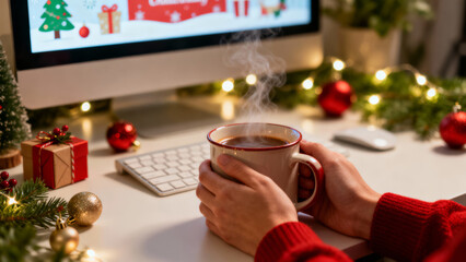 Cozy remote work during christmas holiday season. Festive person holding warm mug at decorated home office desk