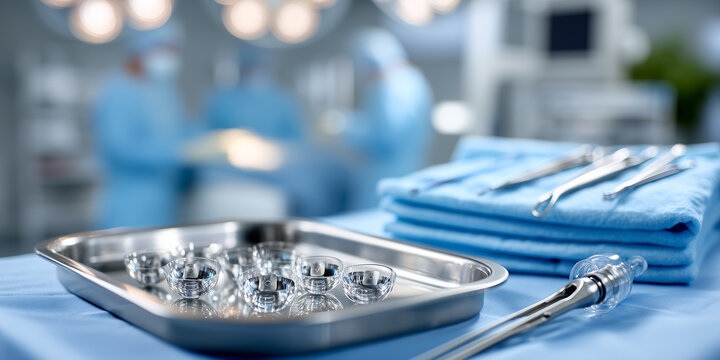realistic operating room scene with focus on surgical tray containing folded intraocular lenses, phacoemulsification handpiece nearby, blue sterile cloth background, clinical light