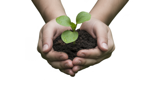 Two cupped hands holding dark soil with a small green seedling and water droplets isolated on a transparent background