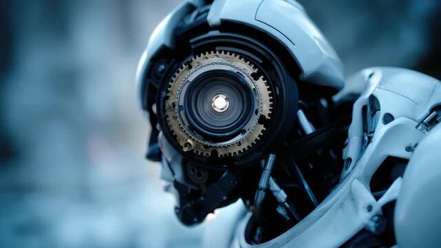 Robot with glowing blue eyes in a futuristic setting showcasing advanced technology and design