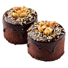 Two rich chocolate mini cakes topped with nuts and sprinkles isolated on transparent background